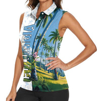 Colombia Palm Tree Landscape Women Sleeveless Polo Shirt with Tropical Flowers and Blue Sky Design - Wonder Print Shop