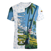 Colombia Palm Tree Landscape Women V-Neck T-Shirt with Tropical Flowers and Blue Sky Design - Wonder Print Shop