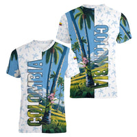 Colombia Palm Tree Landscape Women V-Neck T-Shirt with Tropical Flowers and Blue Sky Design - Wonder Print Shop