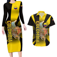 Colombia Heritage Couples Matching Long Sleeve Bodycon Dress and Hawaiian Shirt with Yellow Black Flag Map and City Street Art - Wonder Print Shop
