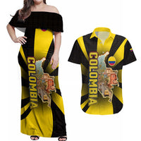 Colombia Heritage Couples Matching Off Shoulder Maxi Dress and Hawaiian Shirt with Yellow Black Flag Map and City Street Art - Wonder Print Shop