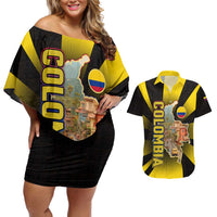 Colombia Heritage Couples Matching Off Shoulder Short Dress and Hawaiian Shirt with Yellow Black Flag Map and City Street Art - Wonder Print Shop