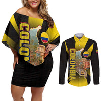 Colombia Heritage Couples Matching Off Shoulder Short Dress and Long Sleeve Button Shirt with Yellow Black Flag Map and City Street Art - Wonder Print Shop