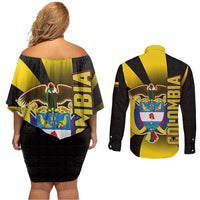 Colombia Heritage Couples Matching Off Shoulder Short Dress and Long Sleeve Button Shirt with Yellow Black Flag Map and City Street Art - Wonder Print Shop
