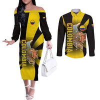 Colombia Heritage Couples Matching Off The Shoulder Long Sleeve Dress and Long Sleeve Button Shirt with Yellow Black Flag Map and City Street Art - Wonder Print Shop