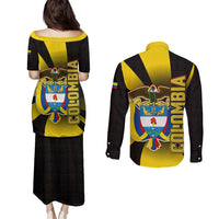 Colombia Heritage Couples Matching Puletasi and Long Sleeve Button Shirt with Yellow Black Flag Map and City Street Art - Wonder Print Shop