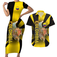 Colombia Heritage Couples Matching Short Sleeve Bodycon Dress and Hawaiian Shirt with Yellow Black Flag Map and City Street Art - Wonder Print Shop
