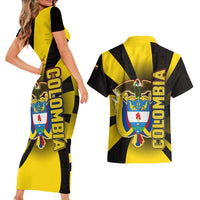 Colombia Heritage Couples Matching Short Sleeve Bodycon Dress and Hawaiian Shirt with Yellow Black Flag Map and City Street Art - Wonder Print Shop