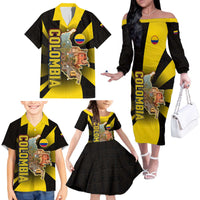 Colombia Heritage Family Matching Off The Shoulder Long Sleeve Dress and Hawaiian Shirt with Yellow Black Flag Map and City Street Art - Wonder Print Shop