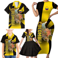 Colombia Heritage Family Matching Short Sleeve Bodycon Dress and Hawaiian Shirt with Yellow Black Flag Map and City Street Art - Wonder Print Shop