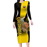 Colombia Heritage Long Sleeve Bodycon Dress with Yellow Black Flag Map and City Street Art - Wonder Print Shop