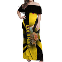 Colombia Heritage Off Shoulder Maxi Dress with Yellow Black Flag Map and City Street Art - Wonder Print Shop
