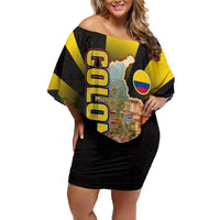 Colombia Heritage Off Shoulder Short Dress with Yellow Black Flag Map and City Street Art - Wonder Print Shop