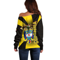 Colombia Heritage Off Shoulder Sweater with Yellow Black Flag Map and City Street Art - Wonder Print Shop