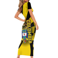 Colombia Heritage Short Sleeve Bodycon Dress with Yellow Black Flag Map and City Street Art - Wonder Print Shop