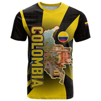 Colombia Heritage T Shirt with Yellow Black Flag Map and City Street Art - Wonder Print Shop