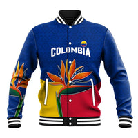 Colombia Heliconia Flower Baseball Jacket with Flag Colors and Blue Cultural Pattern Design - Wonder Print Shop