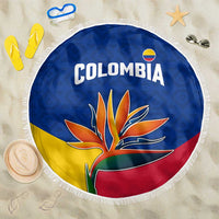 Colombia Heliconia Flower Beach Blanket with Flag Colors and Blue Cultural Pattern Design - Wonder Print Shop