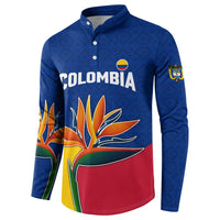 Colombia Heliconia Flower Button Sweatshirt with Flag Colors and Blue Cultural Pattern Design - Wonder Print Shop