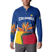 Colombia Heliconia Flower Button Sweatshirt with Flag Colors and Blue Cultural Pattern Design - Wonder Print Shop