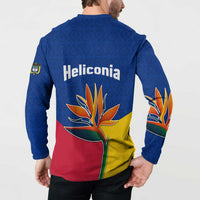 Colombia Heliconia Flower Button Sweatshirt with Flag Colors and Blue Cultural Pattern Design - Wonder Print Shop