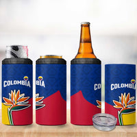 Colombia Heliconia Flower 4 in 1 Can Cooler Tumbler with Flag Colors and Blue Cultural Pattern Design - Wonder Print Shop