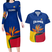 Colombia Heliconia Flower Couples Matching Long Sleeve Bodycon Dress and Hawaiian Shirt with Flag Colors and Blue Cultural Pattern Design - Wonder Print Shop