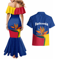 Colombia Heliconia Flower Couples Matching Mermaid Dress and Hawaiian Shirt with Flag Colors and Blue Cultural Pattern Design - Wonder Print Shop