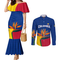 Colombia Heliconia Flower Couples Matching Mermaid Dress and Long Sleeve Button Shirt with Flag Colors and Blue Cultural Pattern Design - Wonder Print Shop