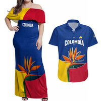 Colombia Heliconia Flower Couples Matching Off Shoulder Maxi Dress and Hawaiian Shirt with Flag Colors and Blue Cultural Pattern Design - Wonder Print Shop
