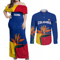 Colombia Heliconia Flower Couples Matching Off Shoulder Maxi Dress and Long Sleeve Button Shirt with Flag Colors and Blue Cultural Pattern Design - Wonder Print Shop