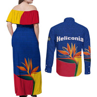 Colombia Heliconia Flower Couples Matching Off Shoulder Maxi Dress and Long Sleeve Button Shirt with Flag Colors and Blue Cultural Pattern Design - Wonder Print Shop