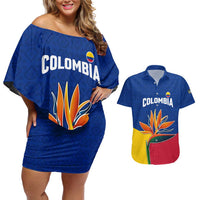 Colombia Heliconia Flower Couples Matching Off Shoulder Short Dress and Hawaiian Shirt with Flag Colors and Blue Cultural Pattern Design - Wonder Print Shop