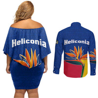Colombia Heliconia Flower Couples Matching Off Shoulder Short Dress and Long Sleeve Button Shirt with Flag Colors and Blue Cultural Pattern Design - Wonder Print Shop