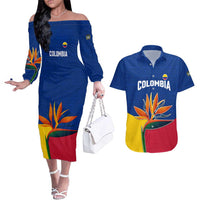 Colombia Heliconia Flower Couples Matching Off The Shoulder Long Sleeve Dress and Hawaiian Shirt with Flag Colors and Blue Cultural Pattern Design - Wonder Print Shop