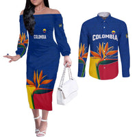 Colombia Heliconia Flower Couples Matching Off The Shoulder Long Sleeve Dress and Long Sleeve Button Shirt with Flag Colors and Blue Cultural Pattern Design - Wonder Print Shop
