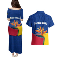 Colombia Heliconia Flower Couples Matching Puletasi and Hawaiian Shirt with Flag Colors and Blue Cultural Pattern Design - Wonder Print Shop