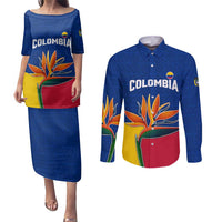 Colombia Heliconia Flower Couples Matching Puletasi and Long Sleeve Button Shirt with Flag Colors and Blue Cultural Pattern Design - Wonder Print Shop