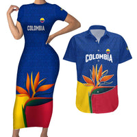 Colombia Heliconia Flower Couples Matching Short Sleeve Bodycon Dress and Hawaiian Shirt with Flag Colors and Blue Cultural Pattern Design - Wonder Print Shop