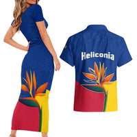 Colombia Heliconia Flower Couples Matching Short Sleeve Bodycon Dress and Hawaiian Shirt with Flag Colors and Blue Cultural Pattern Design - Wonder Print Shop