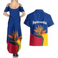 Colombia Heliconia Flower Couples Matching Summer Maxi Dress and Hawaiian Shirt with Flag Colors and Blue Cultural Pattern Design - Wonder Print Shop