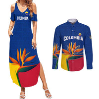 Colombia Heliconia Flower Couples Matching Summer Maxi Dress and Long Sleeve Button Shirt with Flag Colors and Blue Cultural Pattern Design - Wonder Print Shop