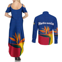Colombia Heliconia Flower Couples Matching Summer Maxi Dress and Long Sleeve Button Shirt with Flag Colors and Blue Cultural Pattern Design - Wonder Print Shop