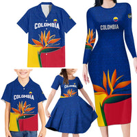 Colombia Heliconia Flower Family Matching Long Sleeve Bodycon Dress and Hawaiian Shirt with Flag Colors and Blue Cultural Pattern Design - Wonder Print Shop