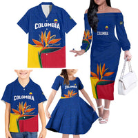 Colombia Heliconia Flower Family Matching Off The Shoulder Long Sleeve Dress and Hawaiian Shirt with Flag Colors and Blue Cultural Pattern Design - Wonder Print Shop