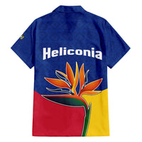 Colombia Heliconia Flower Family Matching Off The Shoulder Long Sleeve Dress and Hawaiian Shirt with Flag Colors and Blue Cultural Pattern Design - Wonder Print Shop