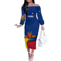 Colombia Heliconia Flower Family Matching Off The Shoulder Long Sleeve Dress and Hawaiian Shirt with Flag Colors and Blue Cultural Pattern Design - Wonder Print Shop