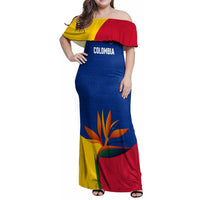 Colombia Heliconia Flower Family Matching Off Shoulder Maxi Dress and Hawaiian Shirt with Flag Colors and Blue Cultural Pattern Design - Wonder Print Shop