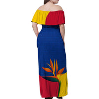 Colombia Heliconia Flower Family Matching Off Shoulder Maxi Dress and Hawaiian Shirt with Flag Colors and Blue Cultural Pattern Design - Wonder Print Shop