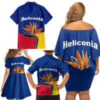 Colombia Heliconia Flower Family Matching Off Shoulder Short Dress and Hawaiian Shirt with Flag Colors and Blue Cultural Pattern Design - Wonder Print Shop